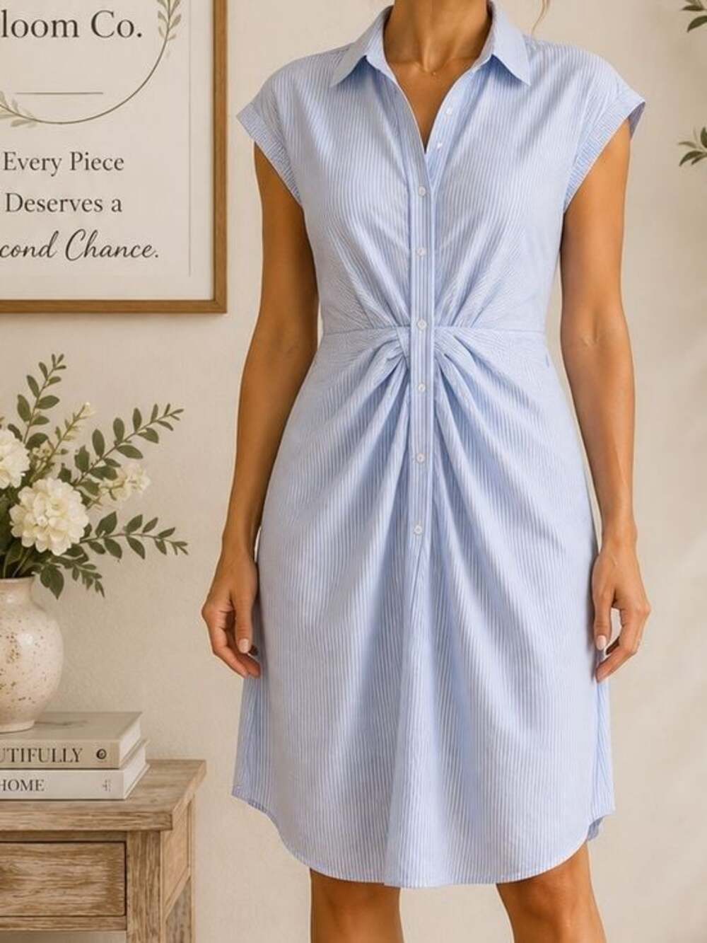 DO+BE Size Small Blue White Pinstripe Ruched Button Front Shirt Dress